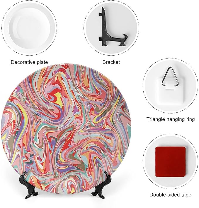 Decorative Plates, Abstract Print Ornament, Mix of Colors Messy Dirty Look Artistic, 7 Inch, 1 Plate with 1 Display Stand, Multicolor