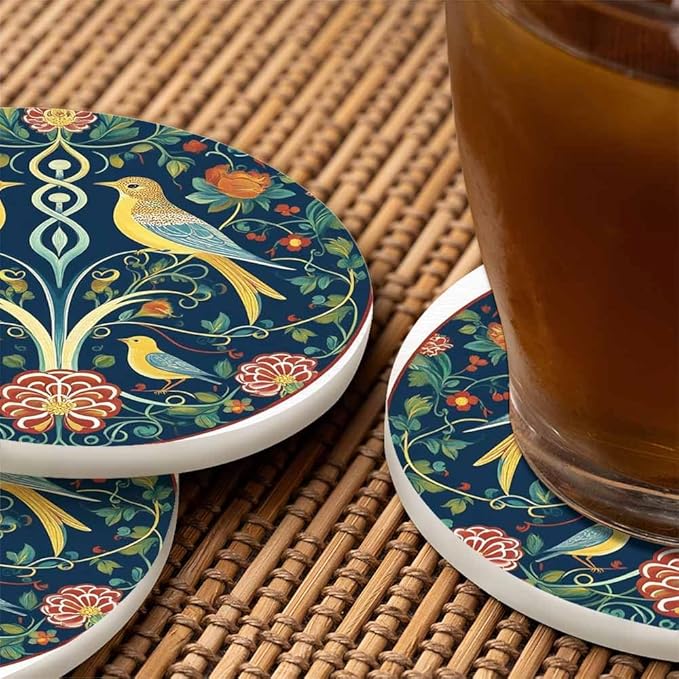 Vintage Flowers and Birds Cup Coasters Set of 2 Colorful Symmetry Pattern Tribal Floral Foliage Paisley Wooden Table Apartment Decor 100% Diatomite for Drinking Glasses,4 Inches