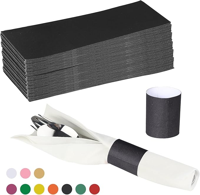 Germiwipe Napkin Bands,Paper Napkin Rings Self Adhesive,Silverware Wraps Band for Restaurant, Family Gathering, Outdoor, Wedding and Holidays (Black - 500pcs)