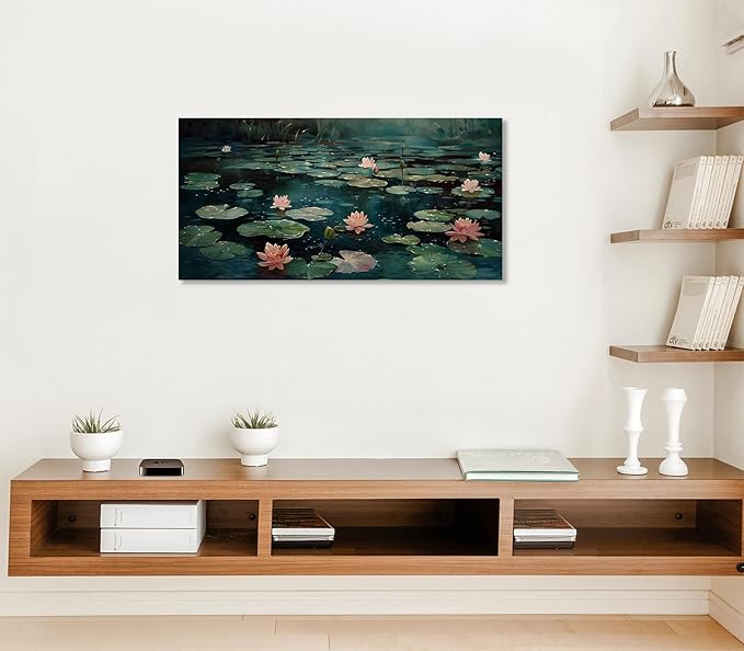 ADJUVANT Wall Art Impressionist Water Lily Pond 60" L x 30" W, Pink Lotus Flowers on Dark Blue Water Canvas Painting Nature Artwork Prints Wall Decor for Living Room Bedroom Bathroom Home Office