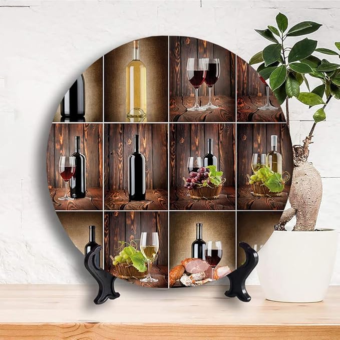 Ceramic Plates, Wine Decorative Ceramic Plates, Wine Themed Collage on Wooden Backdrop with Grapes and, 6 Inch, Household Plates Decorative, Brown Black Red