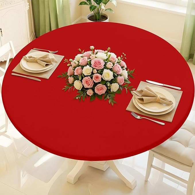 Round Spandex Tablecloth, Elastic Fitted Waterproof Tablecloths for 36"-44" Tables, Stretch Washable Picnic Table Cover for Camping, Dining, Indoor and Outdoor, Red