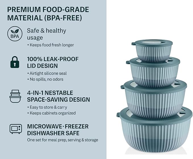 Mixing Bowls with Airtight Lids – 8 Piece Nesting Kitchen Set – BPA-Free, Leak-Proof & Stackable – Dishwasher, Microwave & Freezer Safe
