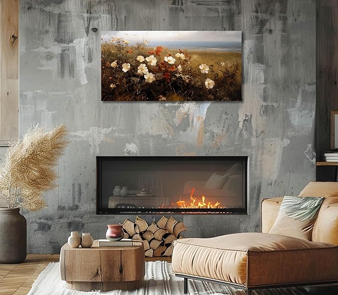 ADJUVANT Wall Art Vintage Coastal Wildflower Field 60"L x 30"W, Seaside Meadow With White And Orange Blooms Canvas Painting Nature Artwork Retro Floral Prints Botanic Wall Decor for Living Room Bedroom