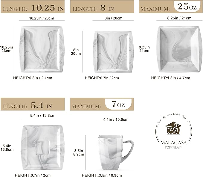MALACASA Dinnerware Sets, 30 Piece Porcelain Plates and Bowls Sets for 6, Square Dish Set with Dinner Plates Set, Cup and Saucer, Modern Dishware Dishes Microwave Safe, Marble Grey, Series Blance