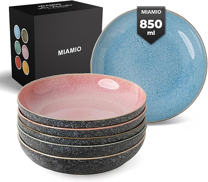 MIAMIO - Soup Plates Set of 6 (29 oz) / Pasta Bowls, Colorful Bowls for Pasta, Salad, Soup, Spaghetti/Microwave and Dishwasher Safe Bowls - Las Palmitas Collection
