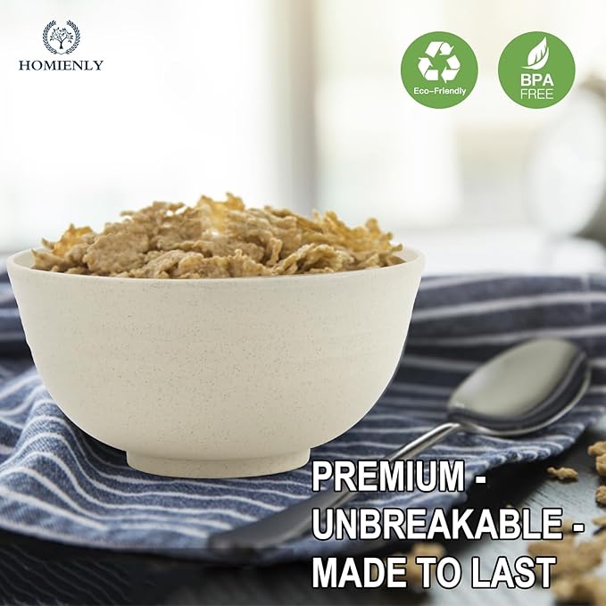 Homienly Unbreakable Cereal Bowls, Unbreakable Plastic Bowls Alternatives Set of 8, Wheat Straw Bowl for Kitchen,Camping, RV, Party, Microwave Safe Bowl Set for Cereal, Soup, Salad (Beige, 26 OZ)