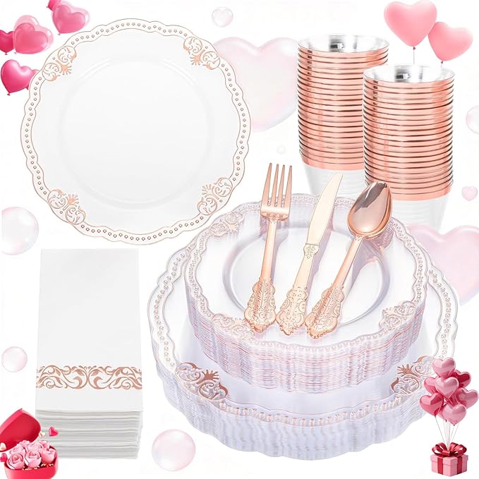 Ciaell 175 PCS Rose and Gold Plastic Plates - Fancy Rose Gold Disposable Dinnerware Set with of 50 Plates, 25 Knives, 25 Forks, 25 Spoons, 25 Cups, 25 Napkins for Wedding & Party