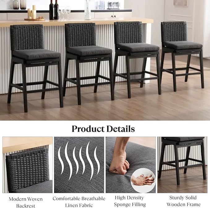 Carbon Black Bar Stools Set of 4, 27.3 Inch Counter Height Stools Upholstered Linen Armless Bar Chairs with Woven Rope Backrest Wooden Legs for Kitchen Island Dining Room