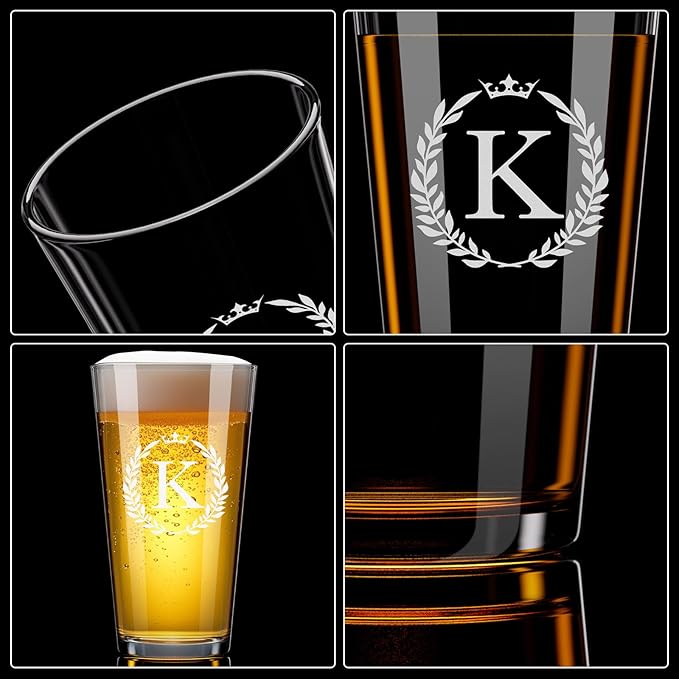 Personalized Beer Glasses Gifts for Men, 16 oz Pint Glasses Monogrammed A-Z Drinking Glass Cups Customized Gift, Unique Christmas Anniversary Birthday Gifts for Men Him Dad Brother Husband Grandpa (K)