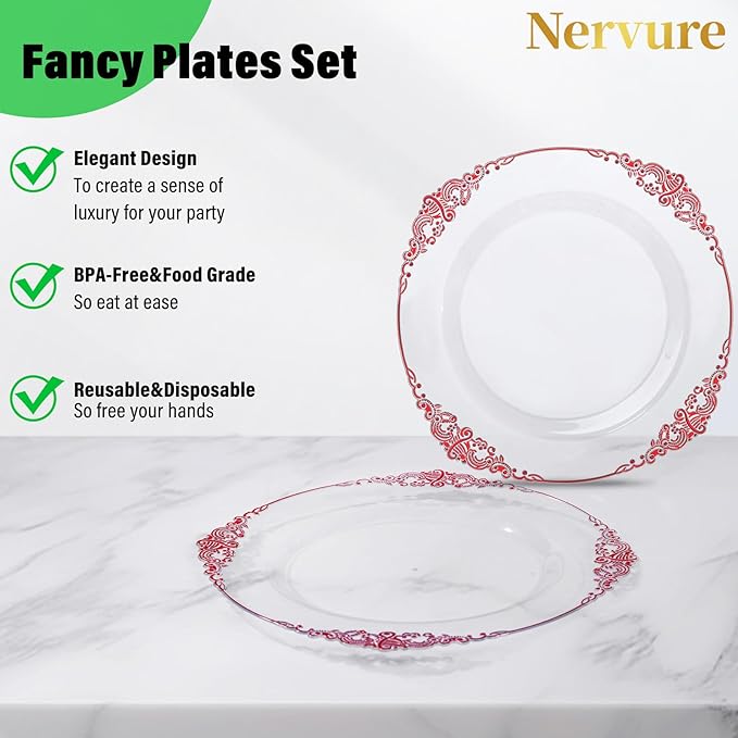 Nervure 100PCS Clear and Red Plastic Plates - Clear Red Disposable Plates Set, 50PCS 10.25" Dinner Plate & 50PCS 7.5" Dessert Plate Perfect for Wedding & Party