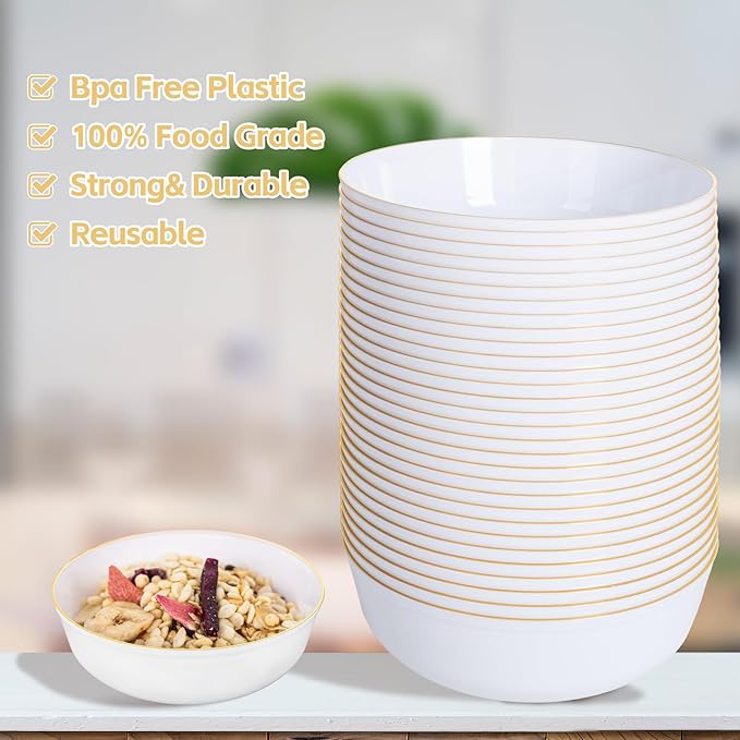 I00000 50 Pack White Plastic Bowls with Gold Rim,16 oz Disposable Soup Bowls,Premium Heavy Plastic Serving Bowls Ideal for Wedding & Party
