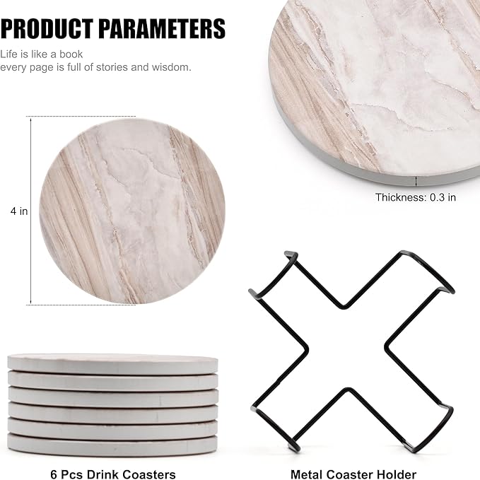 Hoewina 6Pcs Drink Coasters with Holder, Marble Style Ceramic Drink Coaster, Absorbent Coasters Set Suitable for Kinds of Cups, Modern Style Coasters for Coffee Table, 4 Inches（Ocean Style）