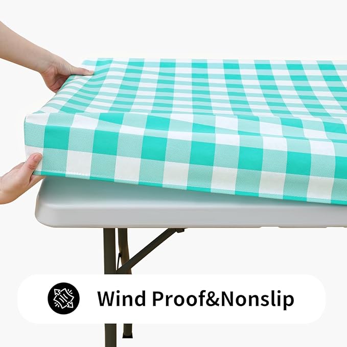 Smiry Rectangle Picnic Table Cloth, Elastic Waterproof Fitted Vinyl Tablecloths, Flannel Backed Buffalo Plaid Table Covers for Dining, Camping, Outdoor (White and Teal, 24" x 48")