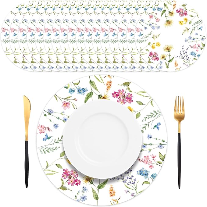50 PCS Disposable Floral Paper Placemats - Watercolor Wildflower Round Placemat Spring Summer Table Mats for Home Kitchen Dinner Table Dining Party Decoration