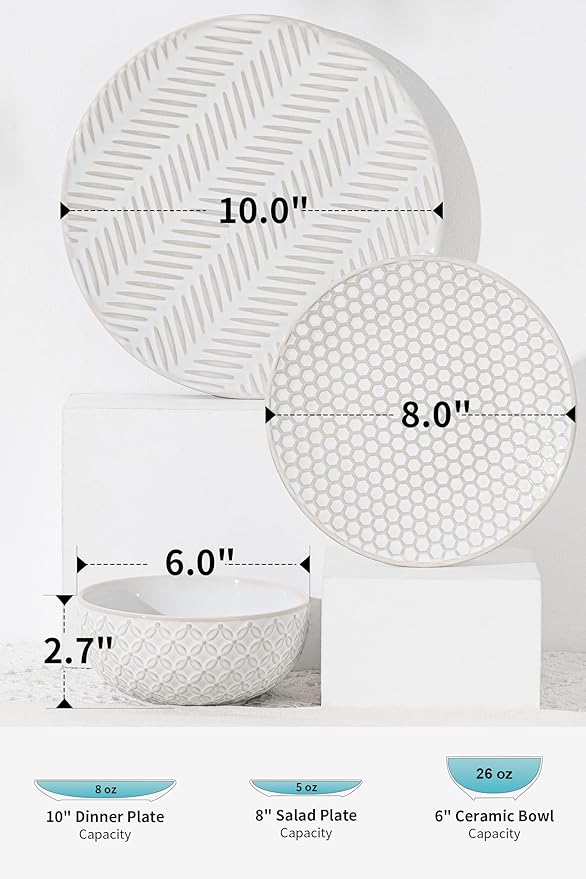 18 Piece Embossed Dinnerware Sets for 6, Scratch-Resistant Plates and Bowls Sets, Microwave & Dishwasher Safe, Elegant Stoneware for Family Gatherings – A Gift for Growing Households