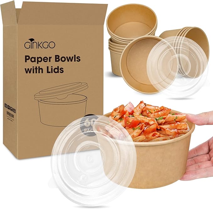 Ginkgo 30 oz Disposable Meal Prep Containers with Lids, Large Paper Bowls Bulk for Hot Soup, Food, Salad, Ice Cream, Dessert, Cereals, 60 Count