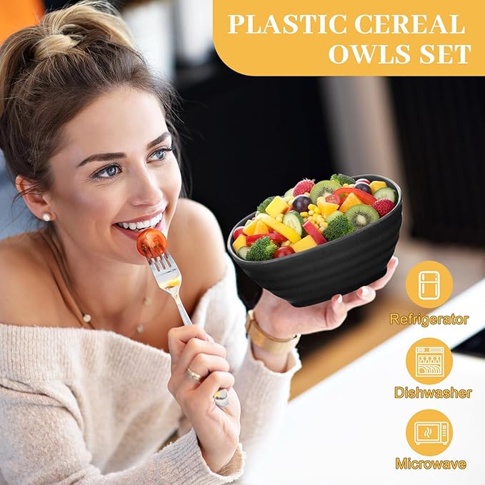 Gejoy 64 Pcs Unbreakable Cereal Reusable Wheat Straw Lightweight Bowls Microwave and Dishwasher Safe Soup Fiber Bowls for Kitchen Serving Salad Rice Snacks (Black)
