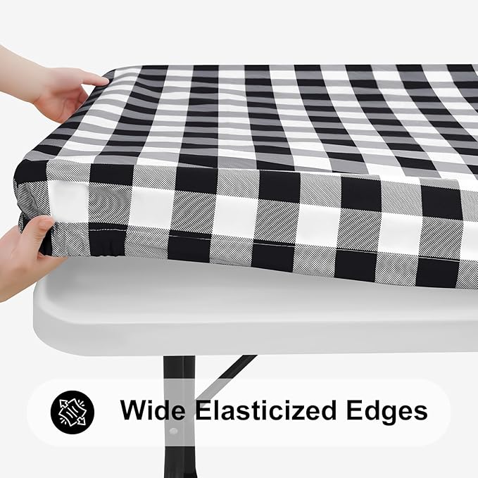 Smiry Rectangle Picnic Table Cloth, Elastic Waterproof Fitted Vinyl Tablecloths, Flannel Backed Buffalo Plaid Table Covers for Dining, Camping, Outdoor (Black and White, 30" x 72")