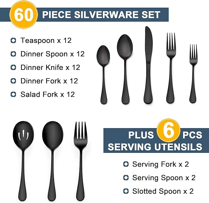 LIANYU 66-Piece Black Silverware Set with Serving Utensils, Stainless Steel Black Silverware Flatware Set for 8, Elegant Cutlery Tableware Includes Forks Spoons Knives, Dishwasher Safe