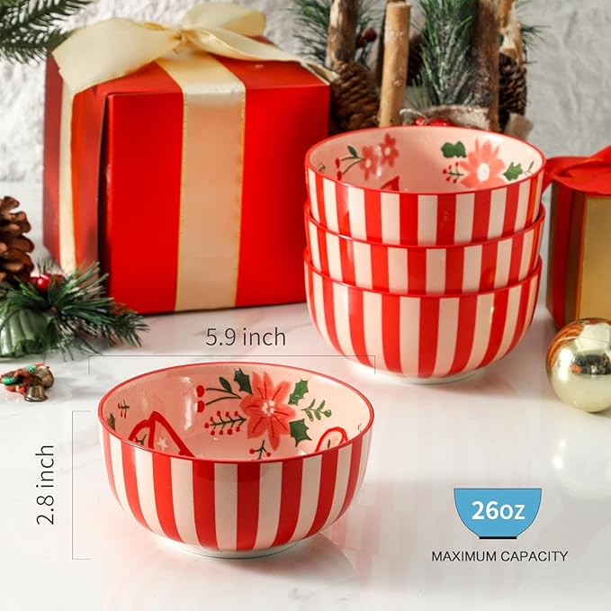Ceramic Soup Bowls Set of 6,30 Ounce Stoneware Cereal Bowl,Porcelain Nesting Bowls for Oatmeal,Popcorn,Soup,Pasta,Fruit,Christmas Gift,Microwave & Dishwasher Safe,Christmas Bow