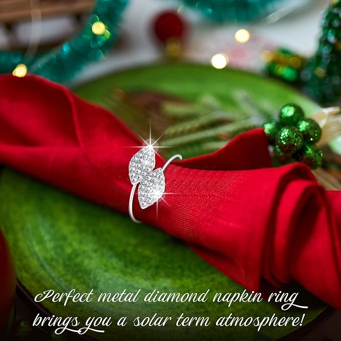 Hotop 24 Pcs Silver Holiday Napkin Rings Set Silver Bling Winter Napkin Rings Bulk Metal Leaves Holders Rhinestone Buckle for Wedding Christmas Dinner Gather Party Prom Table Decoration