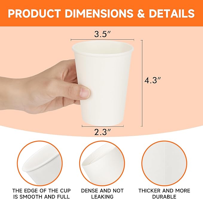 12 oz Disposable Paper Coffee Cups [300 Pack], White Hot Coffee Cups 12 oz, Thickened Design for Cafes, Bistros, Parties, and Events