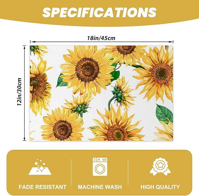 AOFOTO Sunflower Placemats Set of 4 Yellow Flowers Leaves Printed Place Mats Rectangular Artistic Table Mats for Party Home Kitchen Restaurant Dining Table Decor 12x18 Inch