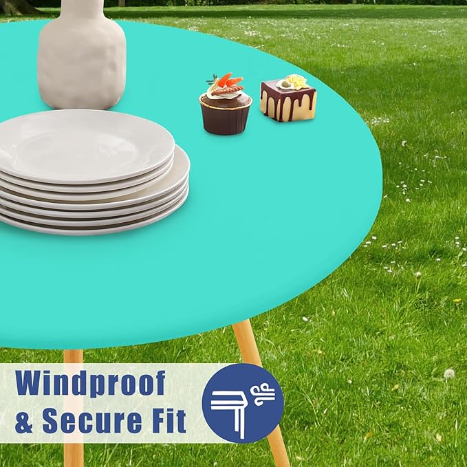 Round Spandex Tablecloth, Elastic Fitted Waterproof Tablecloths for 45"-56" Tables, Stretch Washable Picnic Table Cover for Camping, Dining, Indoor and Outdoor,Aqua Blue