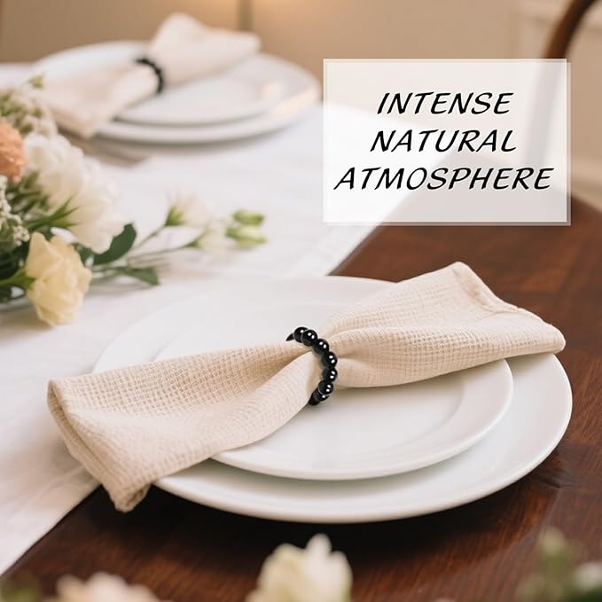Napkin Rings Set of 6，Farmhouse Stretchable Wooden Bead Reusable Cloth Napkin Holders for Wedding, Christmas, Graduation & Dinner Parties Black Napkin Ring (6)
