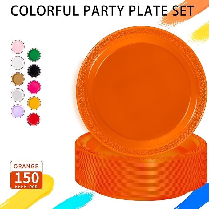 WELLIFE Orange Party Plates 7 Inch -150 Count, Disposable Plastic Dessert Plates for Party Easter Cake Appetizers Salad Picnic BBQ Wedding Engagement Birthday