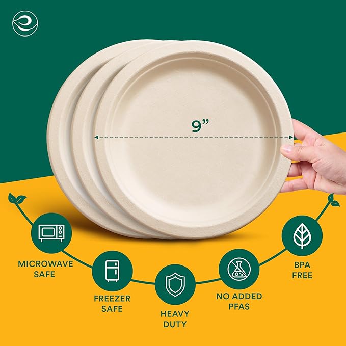 ECO SOUL Compostable 9 Inch(1000-Pack) Biodegradable Heavy-Duty Disposable Eco-Friendly Paper Plates for Dinner & Parties, Wedding, Event