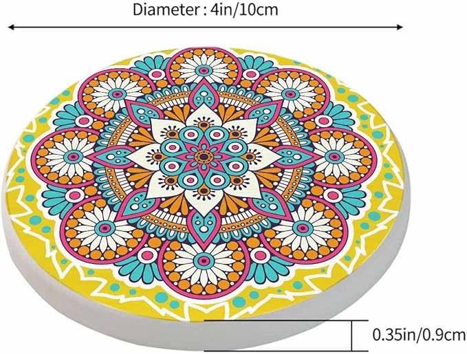 Flower Mandala Round Coaster for Home Coffee Table Chinese Oriental Mystic Yellow Background Asin Ornament Farmhouse Drink Coasters 100% Diatomite 4''X 4''X 0.35'' Printed Pattern