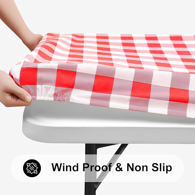 Smiry Rectangle Picnic Table Cloth, Elastic Waterproof Fitted Vinyl Tablecloths, Flannel Backed Buffalo Plaid Table Covers for Dining, Camping, Outdoor (White and Red, 30" x 60")