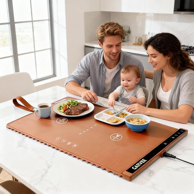 Garvee Electric Food Warming Mat for Countertop, 24x15 in, Dual Zone Control, Portable Silicone Food Warmer Pad Tray with Timer & 6 Temp Levels for Buffet Party, Easy to Clean, Orange
