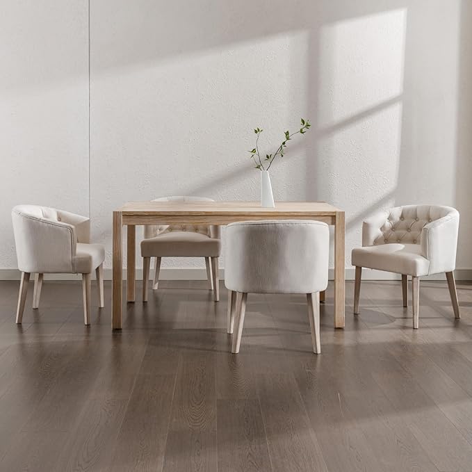 Mid-Century Dining Chairs Set of 6, Tufted Upholstered Linen Dining Room Chairs Comfy Side Chair Armchair Guest Chair with Wooden Legs for Dining Room Living Room, Beige