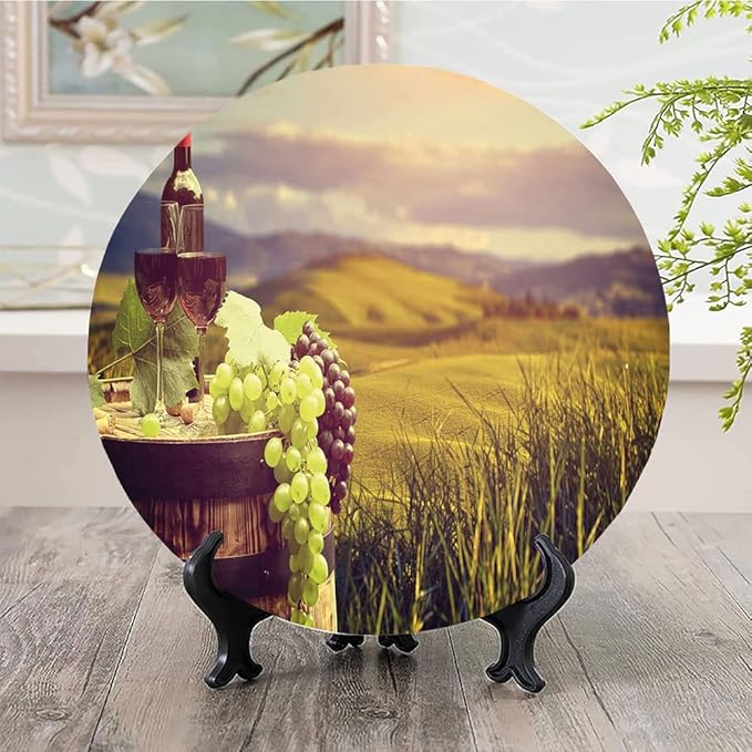 Ceramic Display Plate, Wine Ceramic Hanging Decorative Plate, Italy Tuscany Landscape Rural Vineyard, 7 Inch, Household Custom Ceramic Plate, Green Black Brown