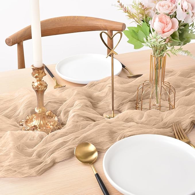 Joanlody Champagne Cheesecloth Table Runner Spring Easter 10Ft Rustic Gauze Boho Cheese Cloth Table Runner for Wedding Bridal Baby Shower Decoration 4 Pack