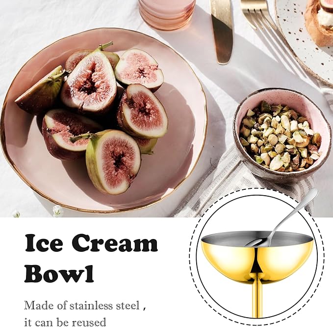 Ice Cream Bowls Stainless Steel Dessert Cups with Spoons Reusable Footed Sundae Cups Ice Cream Cups for Dessert, Frozen Yogurt, Gelato, Birthday Party Decorations (2, Glod)