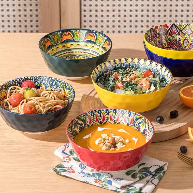 Henten Home Ceramic Soup Bowls Set of 6, 25 oz Porcelain Cereal Bowl Set, Colorful Bohemian Style Serving Bowls for Salad, Pasta, Oatmeal, Microwave & Dishwasher Safe