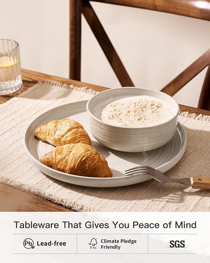 Plates and Bowls Sets for 6 (18-Piece) Stoneware Reactive Glaze Dinnerware with Speckles & Spirals, Chip and Scratch Resistant Flared Dishes Set with Gift Box, Microwave Dishwasher Safe, Shell Beige