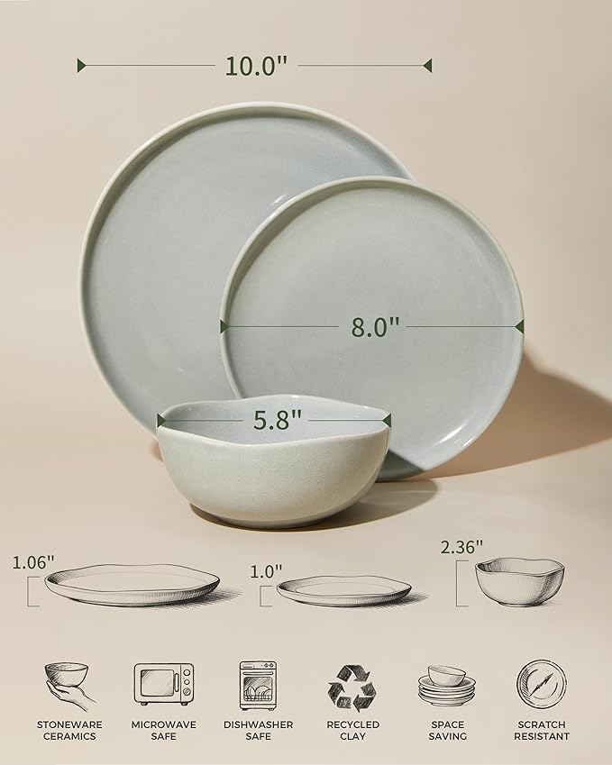 Large Holiday Dinnerware Sets for 8, Ceramic Plates and Bowls Set, Kitchen Dish Set, Microwave & Dishwasher Safe Dishware, Perfect for Christmas & Thanksgiving, Gray Green