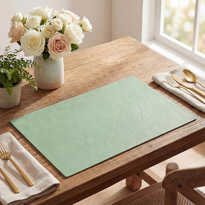 Artoid Mode Sage Faux Leather Placemats Set of 6, 12x18 Inch Waterproof Wipeable Heat Resistant Vinyl Place Mats, Reversible Table Mats for Spring Kitchen Dining Decor