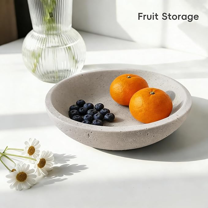 Marble Fruit Bowl for Kitchen Counter - Decorative Serving Bowl with Gray Travertine Design, Modern Home Decor (7.8 Inch)