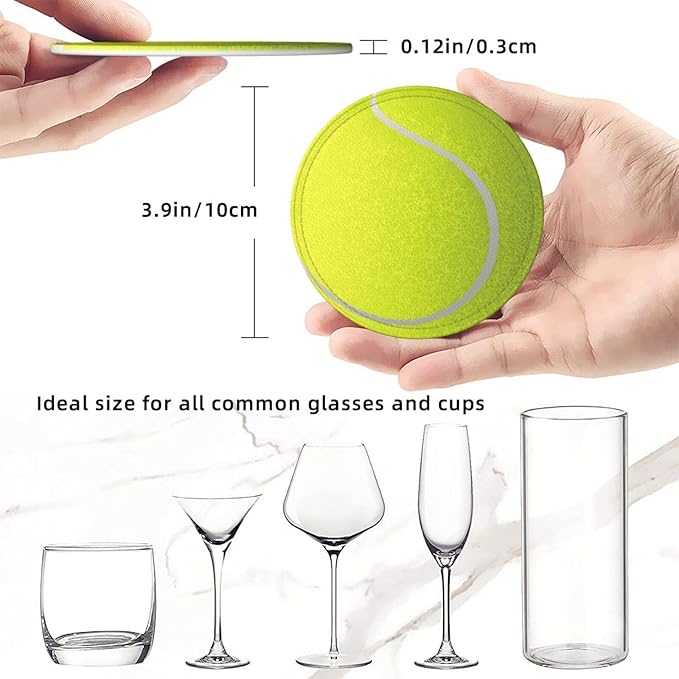 Tennis Ball Coasters for Drinks with Holder Round Leather Coasters Set of 6 Cups Mugs Mat Pad for Home Kitchen Bar