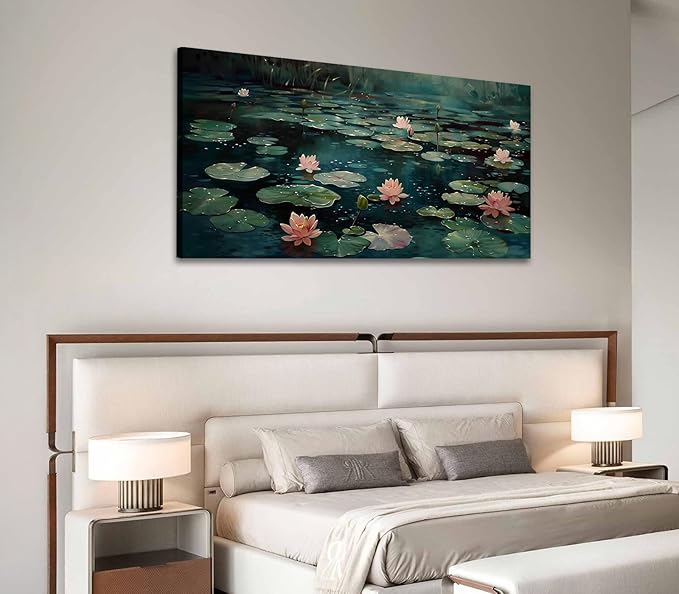 ADJUVANT Wall Art Impressionist Water Lily Pond 40" L x 20" W, Pink Lotus Flowers on Dark Blue Water Canvas Painting Nature Artwork Prints Wall Decor for Living Room Bedroom Bathroom Home Office