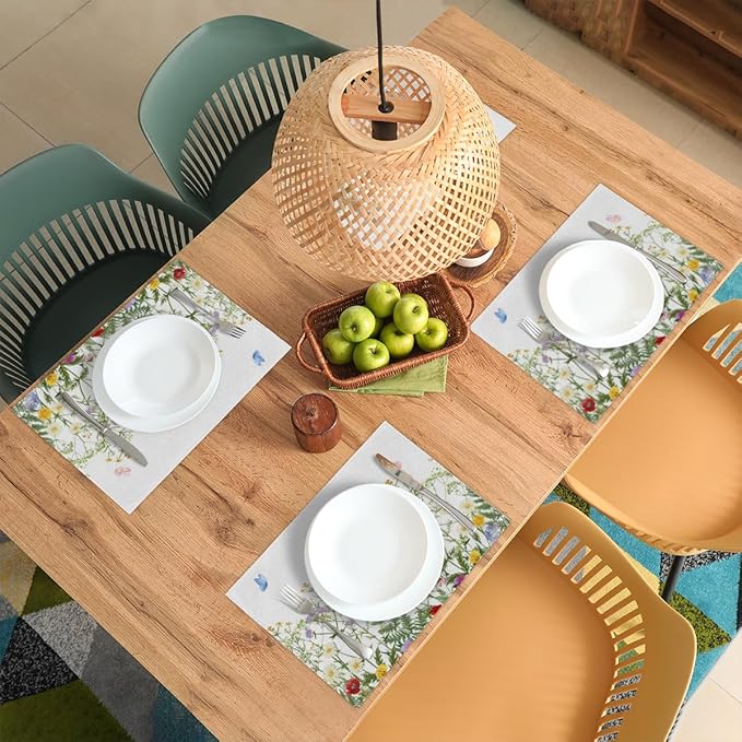 Spring Wildflowers Placemats Set of 4, Washable Elegant Placemats, Non-Slip Table Rectangle Linen Place Mats for Kitchen Dining Party Home Indoor Table Decor, Forest Style Home Decoration