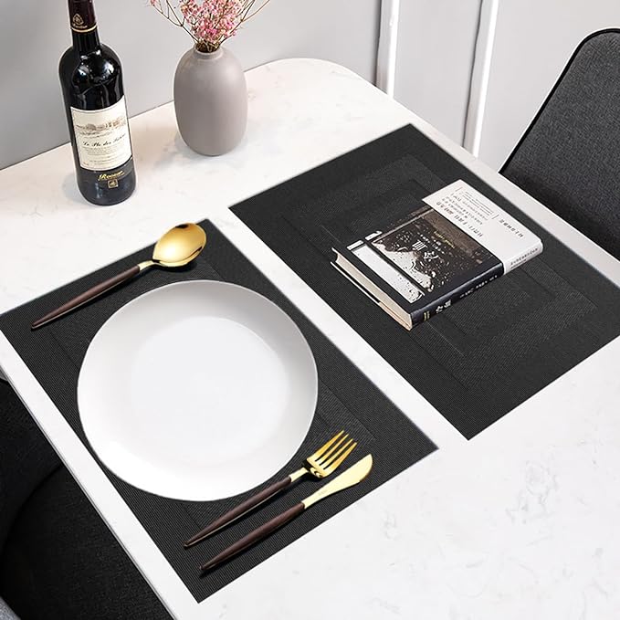 PIGCHCY Placemats Set of 8 Washable Durable Place Mats Vinyl Heat Resistant Non-Slip Table Mats Indoor Outdoor (Pure Black)