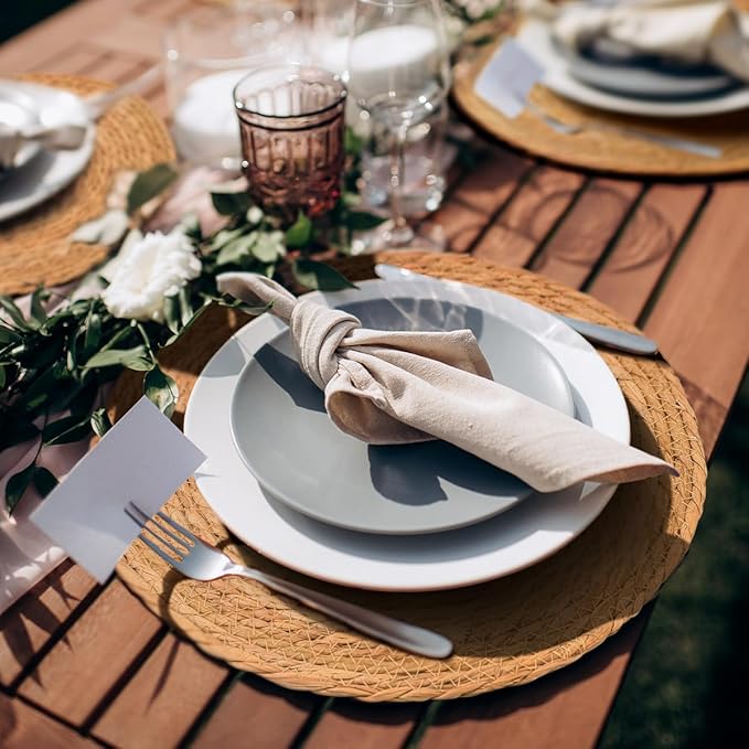 13 in Round Woven Plate Chargers Set of 6, Boho Farmhouse Rustic Woven Placemats for Dining Table Decor, Rattan Wicker Table Mats Chargers for Dinner Plates Jute Braided Place Mats