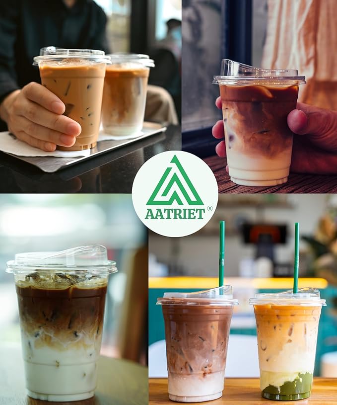 100 Pack 16 oz Clear Plastic Cups with Strawless-Sip-Lids, Disposable Cups Plastic Iced Coffee Cups, To Go Cups with Sip Through Lids for Smoothie, Milkshake, Cold Drinks for Party, Wedding, Event